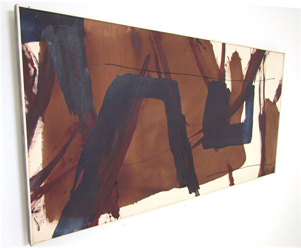 Large abstract expressionistic painting on canvas, in shades of brown, burgundy, and blue.  Signed with initials AH, and dated 1969.