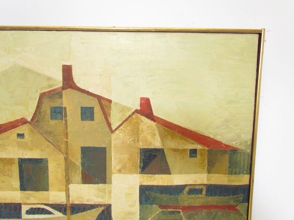 Canvas Modernist Waterfront Painting by Peter Gebhardt, d. 1967