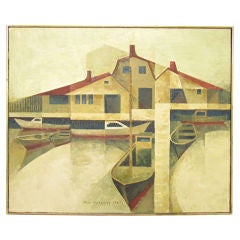 Modernist Waterfront Painting by Peter Gebhardt, d. 1967