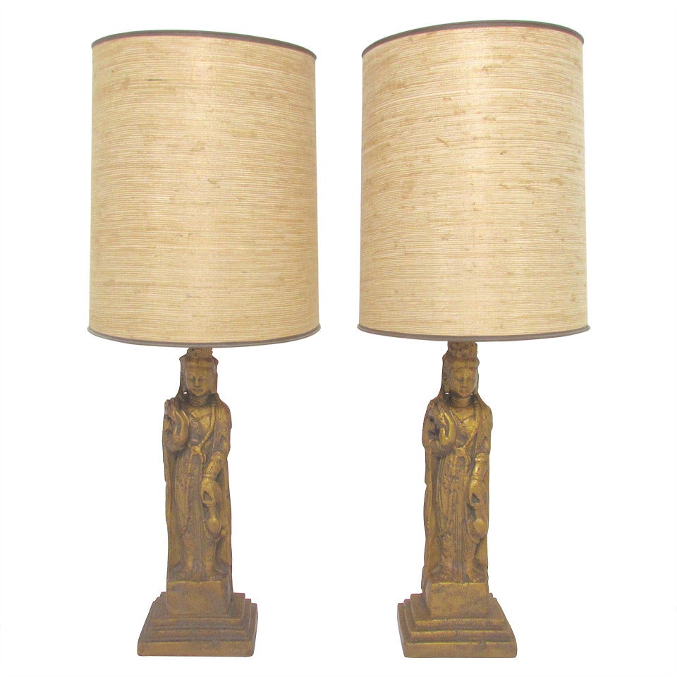 Pair of Hollywood Regency Standing Buddha Table Lamps by Westwood For Sale