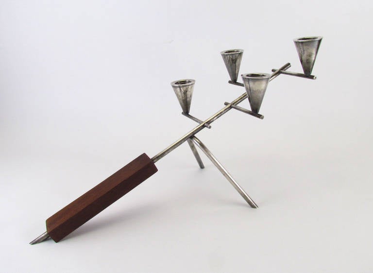 Scandinavian Modern Danish Silver Plate and Rosewood Candleholder by Carl F. Christiansen