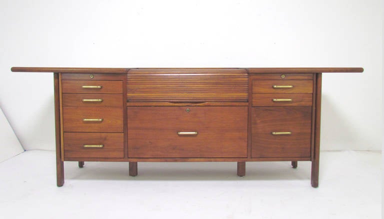 Custom Credenza with Center Roll-Top Desk in Manner of Jens Risom