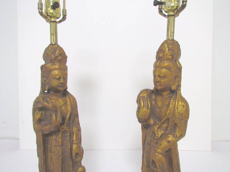 Pair of Hollywood Regency Standing Buddha Table Lamps by Westwood In Excellent Condition For Sale In Peabody, MA