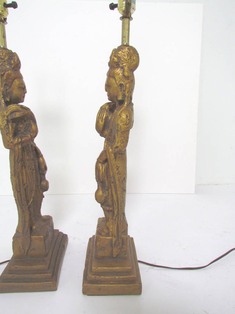 Plaster Pair of Hollywood Regency Standing Buddha Table Lamps by Westwood For Sale