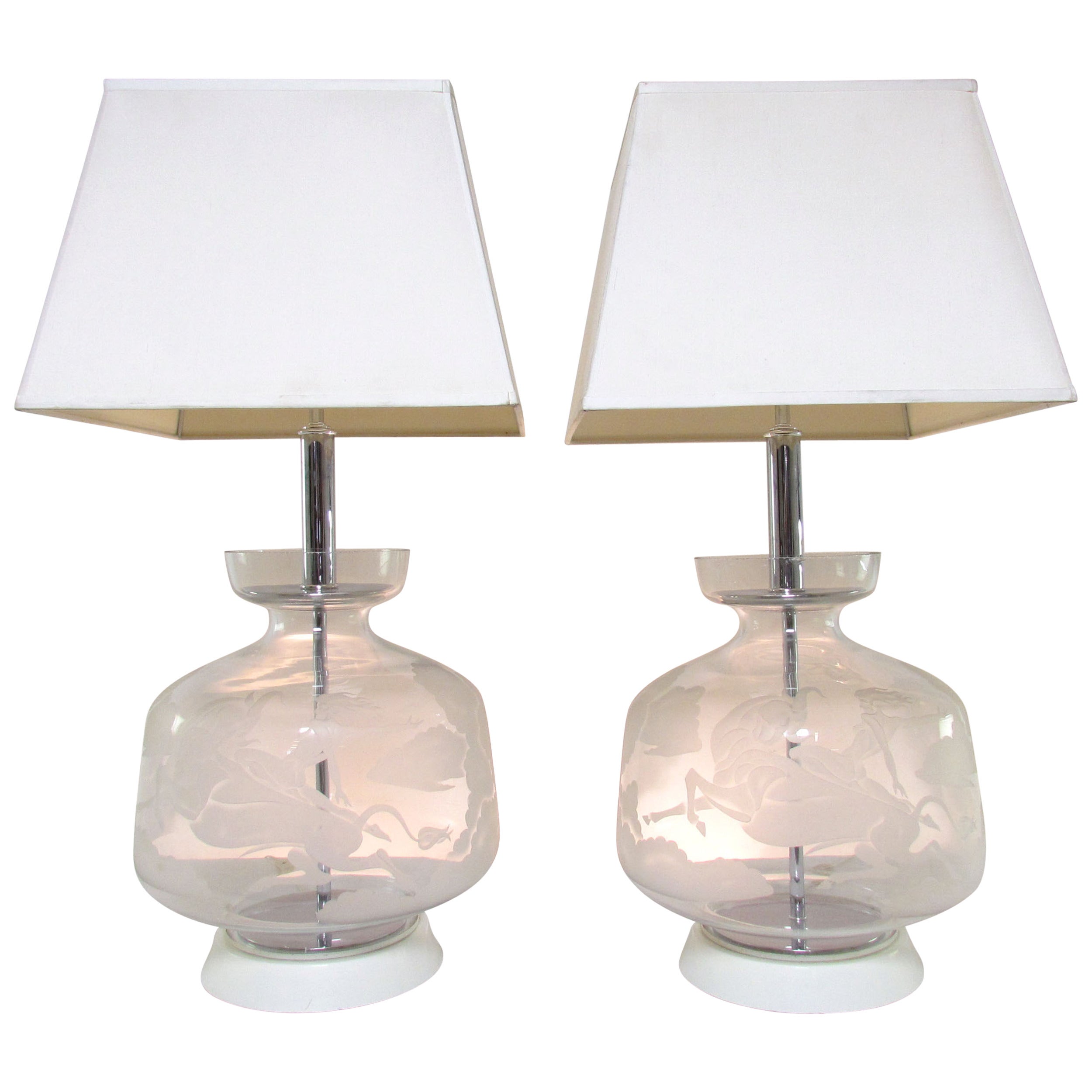 Pair of Murano Etched Glass Lamps in Manner of Balsamo Stella and Pelzel