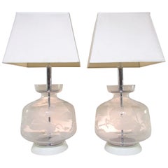 Pair of Murano Etched Glass Lamps in Manner of Balsamo Stella and Pelzel