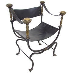 Italian Campaign Chair in Leather, Bronze and Iron ca. 1950s