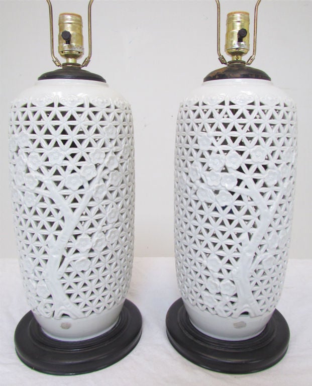 Mid-20th Century Pair of Blanc de Chine Reticulated Lamps ca. 1950s