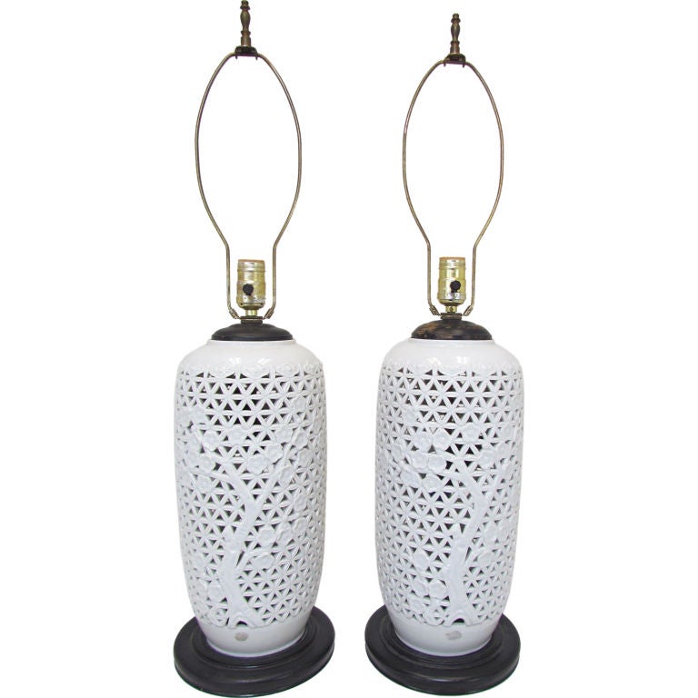 Pair of Blanc de Chine Reticulated Lamps ca. 1950s