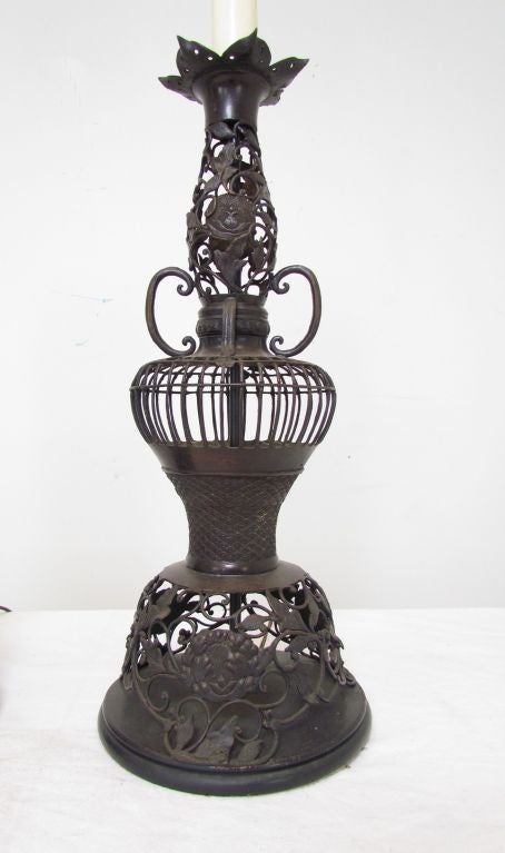 Pair of Antique 19th Century Chinese Bronze Candlestick Lamps