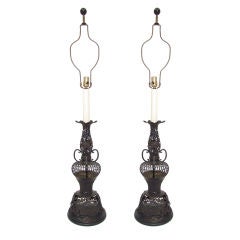 Pair of Antique 19th Century Chinese Bronze Candlestick Lamps