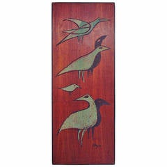 Modernist Painting of Birds on Teak Panel, circa 1960s