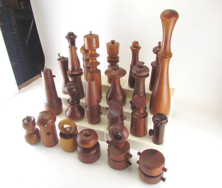 Collection of Danish Modern Teak and Rosewood Pepper Mills In Good Condition In Peabody, MA