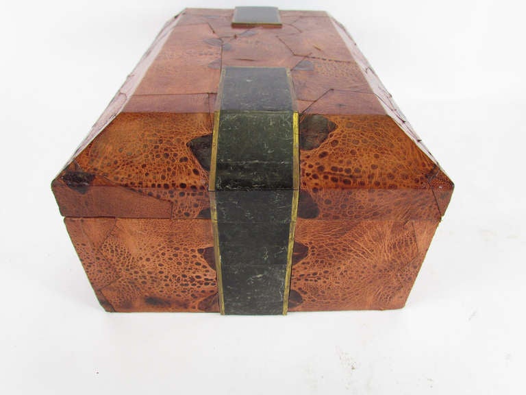 Modern Treasure Box in Lizard w/ Marble & Brass Accents in the Manner of Maitland Smith