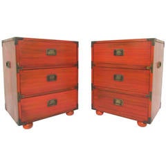 Pair of Campaign Style Nightstands with Brass Hardware, circa 1960s