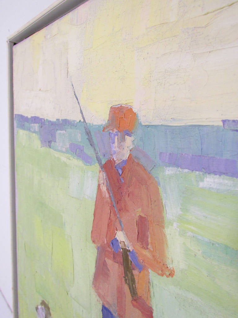 Modernist Oil Painting of a Hunting Scene by George Barrel, circa 1960s In Good Condition In Peabody, MA