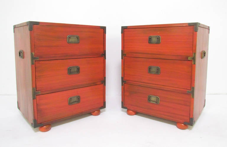 Pair of Campaign Style Nightstands with Brass Hardware, circa 1960s