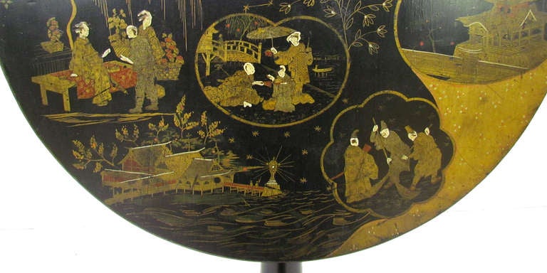 Late 19th c. Japanned Tilt Top Tea Table with Lacquered Scenes In Good Condition In Peabody, MA
