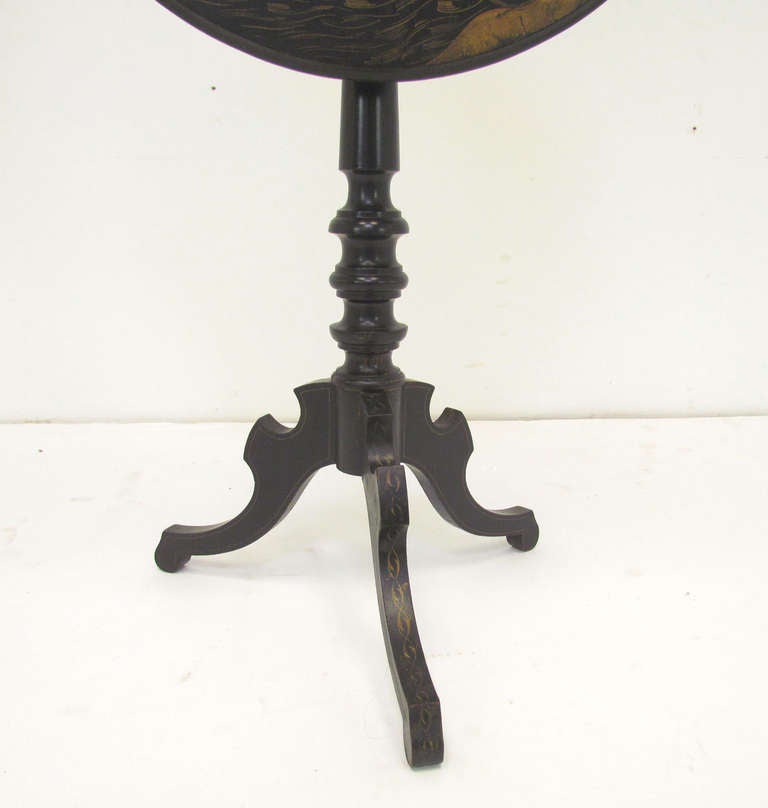 Wood Late 19th c. Japanned Tilt Top Tea Table with Lacquered Scenes