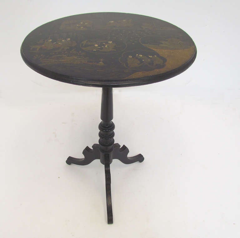 19th Century Late 19th c. Japanned Tilt Top Tea Table with Lacquered Scenes
