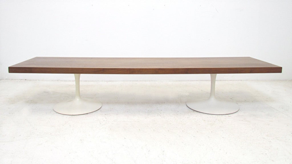 A period custom-made bench or coffee table with two Eero Saarinen designed tulip bases from Knoll dining chairs, with a beautiful walnut slab top from a Milo Baughman design.   One of the tulip bases is an early BR 50 and measures 15 1/2