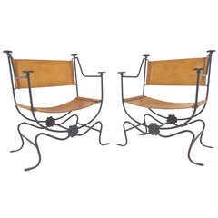 Pair of Campaign Chairs in Hand Forged Iron and Leather ca. 1960s