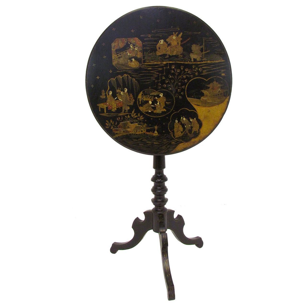 Late 19th c. Japanned Tilt Top Tea Table with Lacquered Scenes