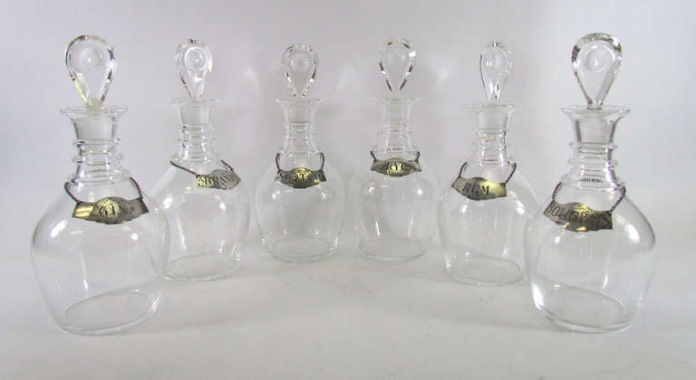 Set of Six Blown Glass Liquor Decanters by Steuben with Sterling Silver Collars