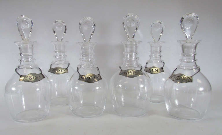 Mid-Century Modern Set of Six Blown Glass Liquor Decanters by Steuben with Sterling Silver Collars
