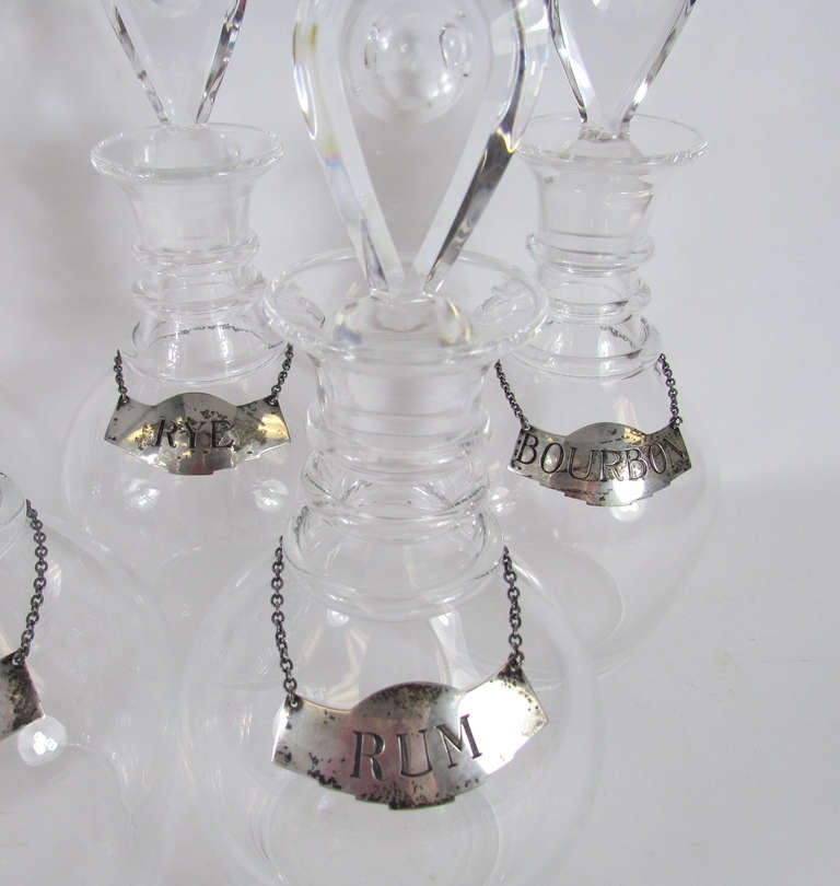 Set of Six Blown Glass Liquor Decanters by Steuben with Sterling Silver Collars In Good Condition In Peabody, MA