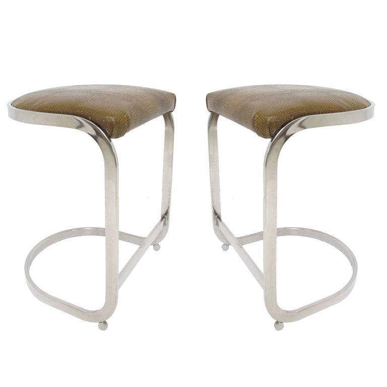 Pr. Cantilever Counter Height Bar Stools in Chrome and Leather