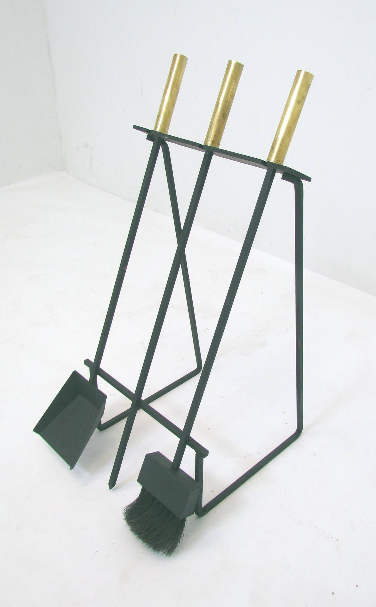 Wrought Iron Mid-Century Modern Fireplace Tools with Log Holder, circa 1960s