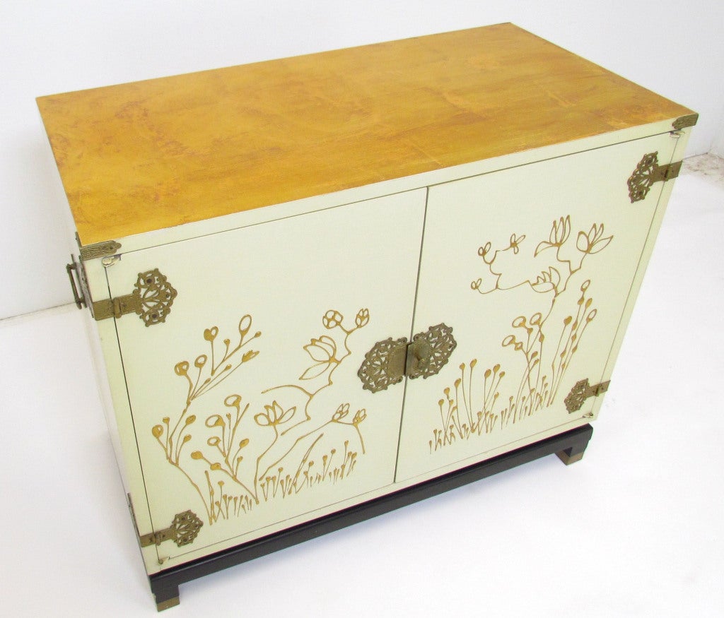 Wood Decorative Hand Painted Gold Leaf Cabinet ca. 1960s