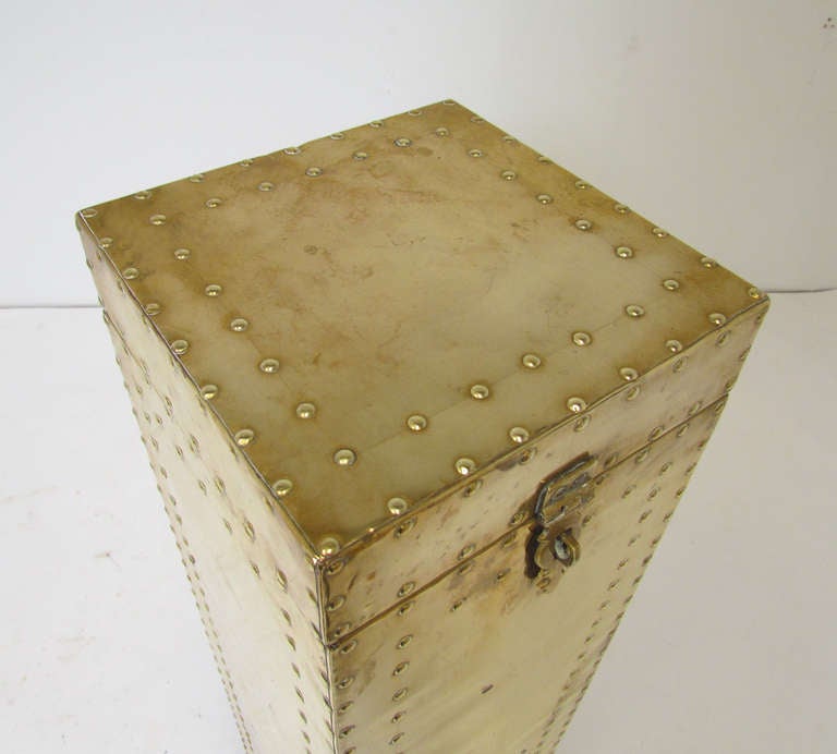 Tall Brass Studded Pedestal Chest by Sarreid In Good Condition In Peabody, MA