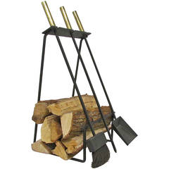 Vintage Mid-Century Modern Fireplace Tools with Log Holder, circa 1960s