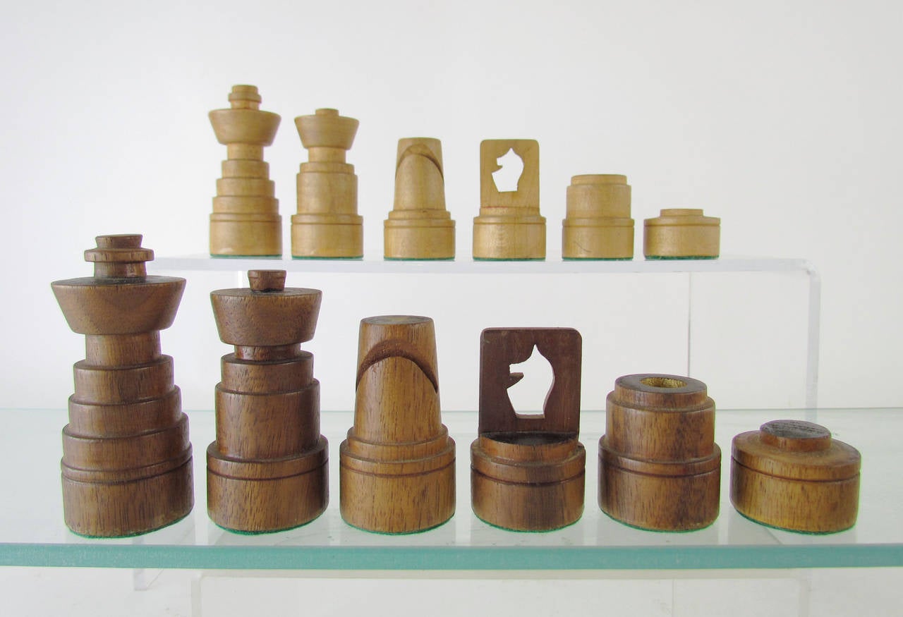 MidCentury Modernist HandCarved Folk Art Chess Set and Board, circa