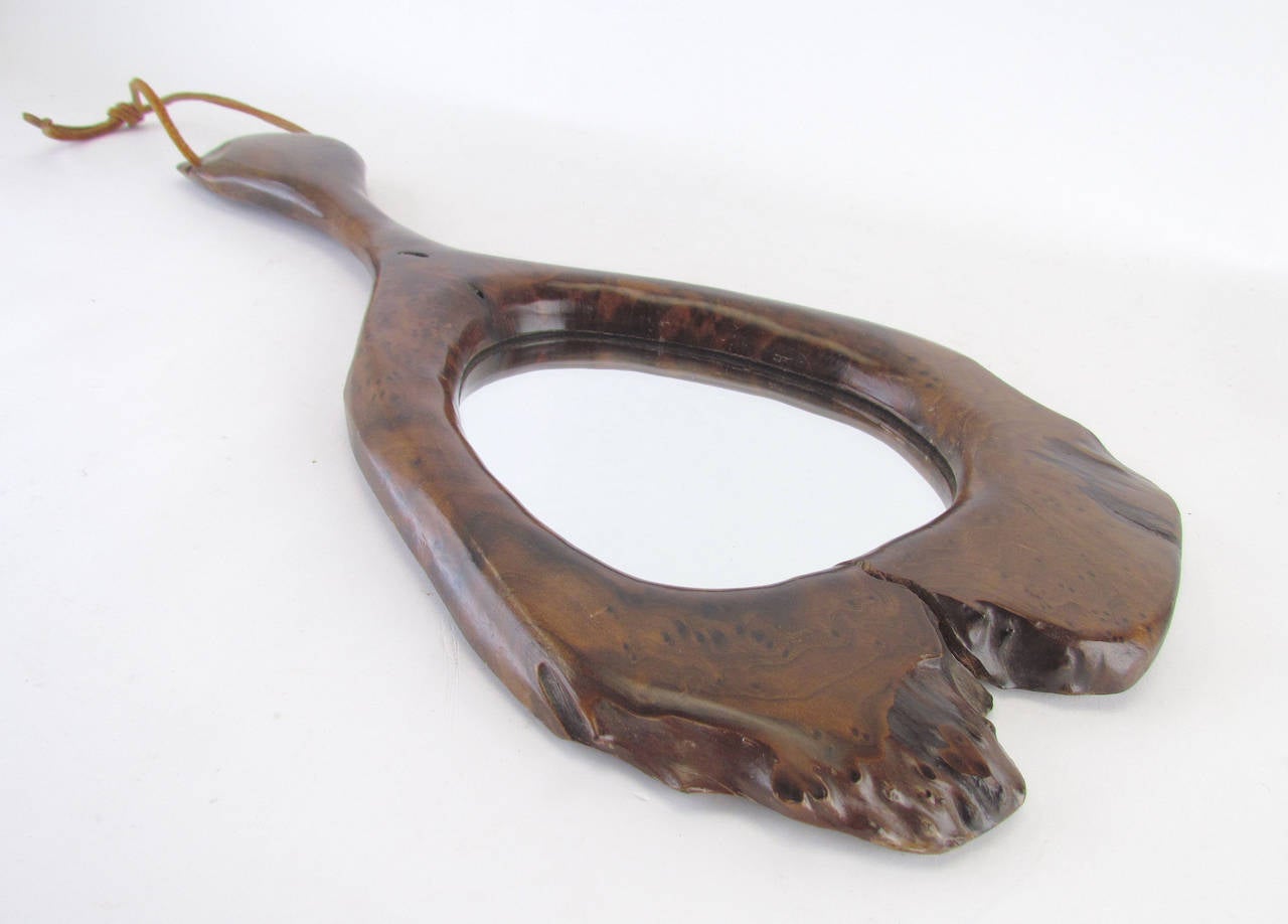 American Studio Made Hand-Carved Burl Wood Wall Hanging Hand Mirror, circa 1970s