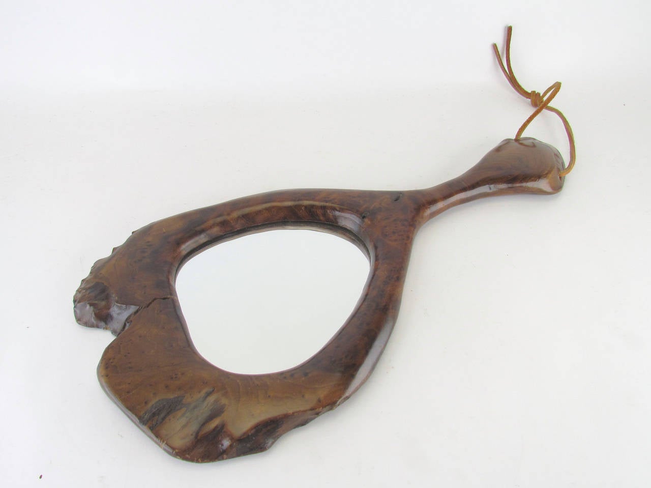 Studio Made Hand-Carved Burl Wood Wall Hanging Hand Mirror, circa 1970s In Good Condition In Peabody, MA