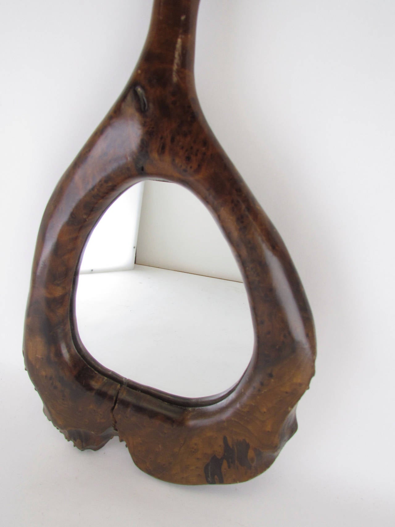 Studio Made Hand-Carved Burl Wood Wall Hanging Hand Mirror, circa 1970s 1