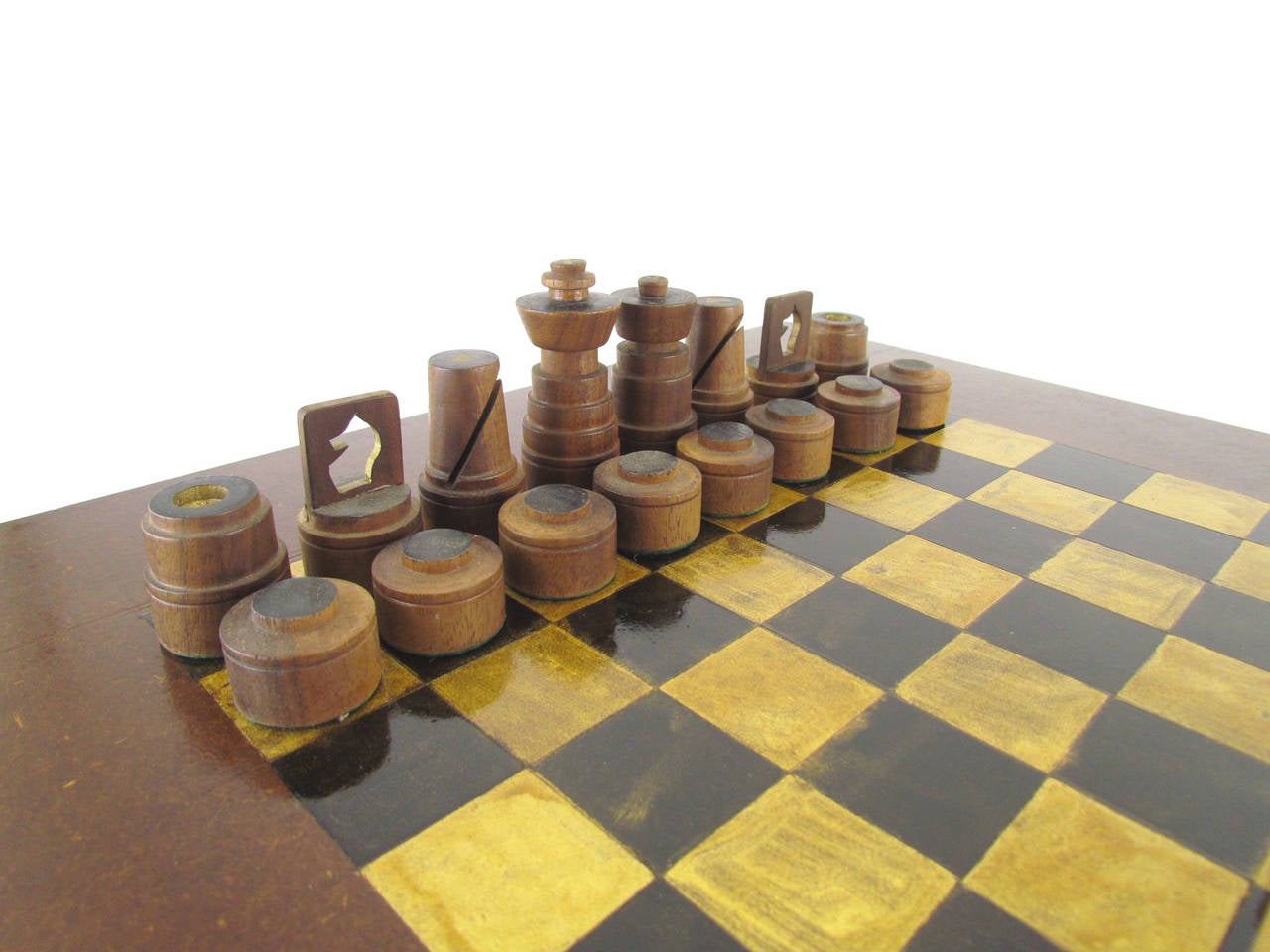 MidCentury Modernist HandCarved Folk Art Chess Set and Board, circa