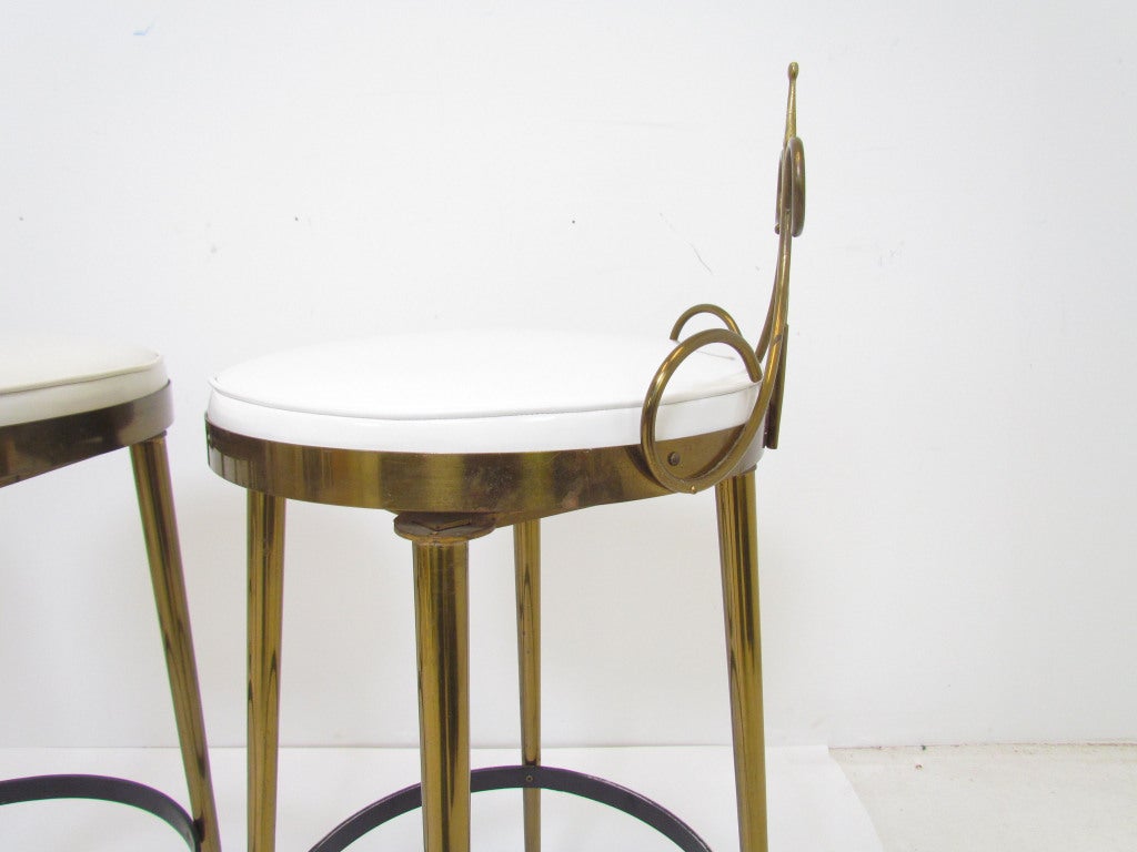 Brass Set of Three Hollywood Regency Swivel Bar Stools ca. 1950s