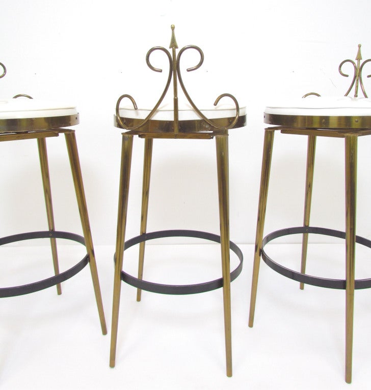 Set of Three Hollywood Regency Swivel Bar Stools ca. 1950s 1