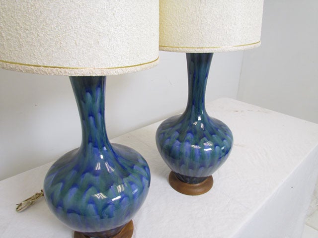 Mid-20th Century Pair of Large Gourd-Form Peacock Glaze Ceramic Lamps