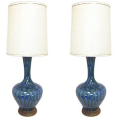 Retro Pair of Large Gourd-Form Peacock Glaze Ceramic Lamps