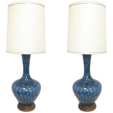 Pair of Large Gourd-Form Peacock Glaze Ceramic Lamps
