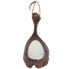 Studio Made Hand-Carved Burl Wood Wall Hanging Hand Mirror, circa 1970s