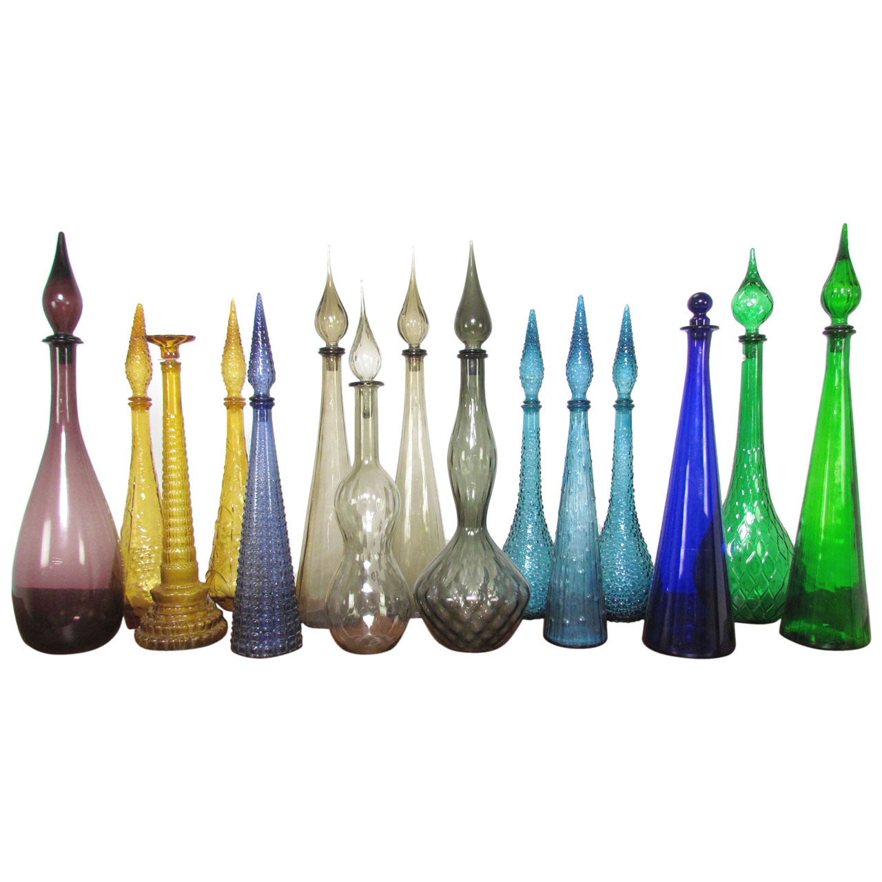Large Collection of Mid-Century Modern Glass Genie Decanter Bottles