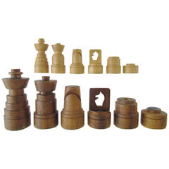 Mid-Century Modernist Hand-Carved Folk Art Chess Set and Board, circa 1950s