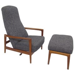 Reclining Teak Highback Lounge Chair & Ottoman by Folke Ohlsson for Dux