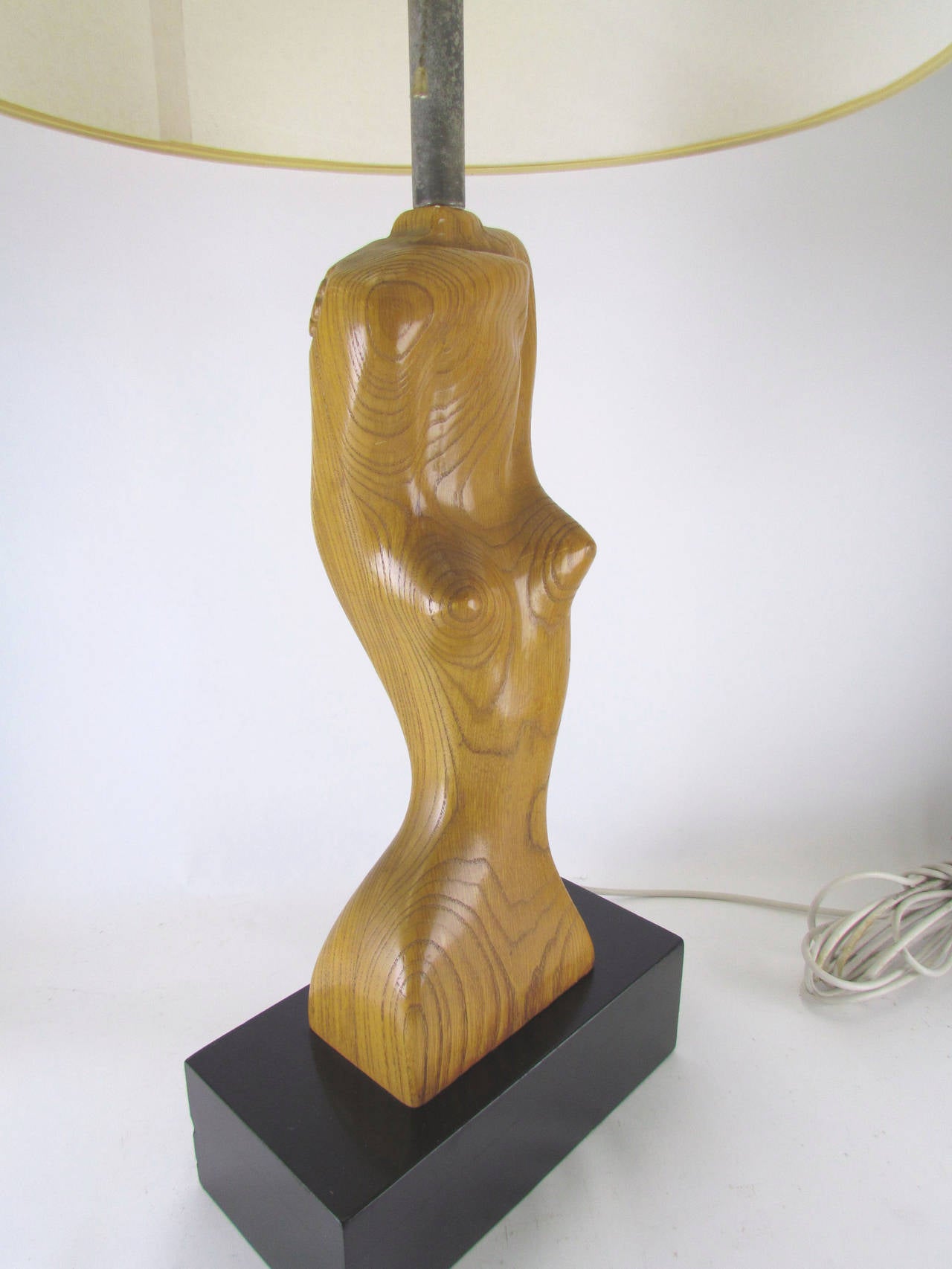 Mid-Century Modern Sculptural Carved Torso Table Lamp in Carved Oak by Yasha Heifetz